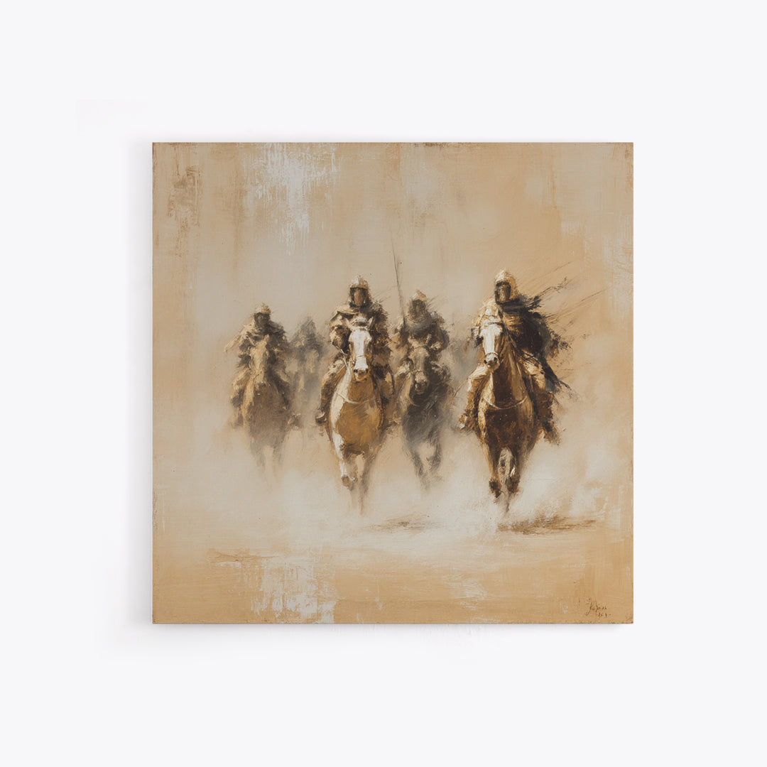 Four Dusty Medieval Horsemen Large Wall Art, Neutral Cavalry Painting, Rustic Western Canvas For Living Room And Office Decor Gift