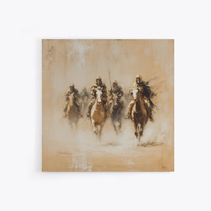 Four Dusty Medieval Horsemen Large Wall Art, Neutral Cavalry Painting, Rustic Western Canvas For Living Room And Office Decor Gift