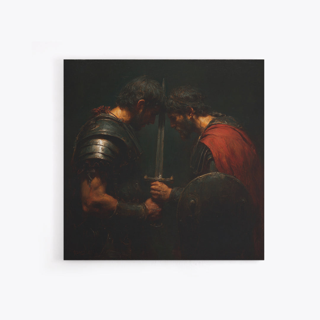 Two Armored Warriors With Sword, Dark Medieval Framed Canvas Print, Masculine Office Decor, Historical Wall Art, Gift For Him