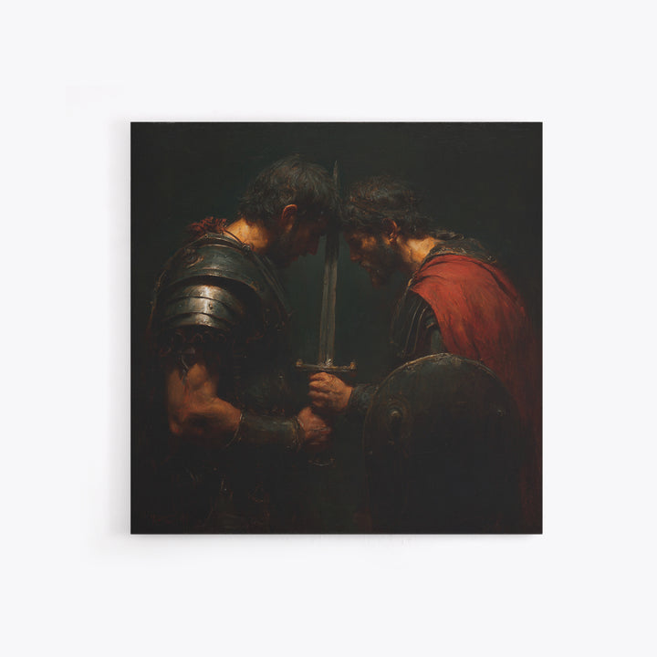 Two Armored Warriors With Sword, Dark Medieval Framed Canvas Print, Masculine Office Decor, Historical Wall Art, Gift For Him