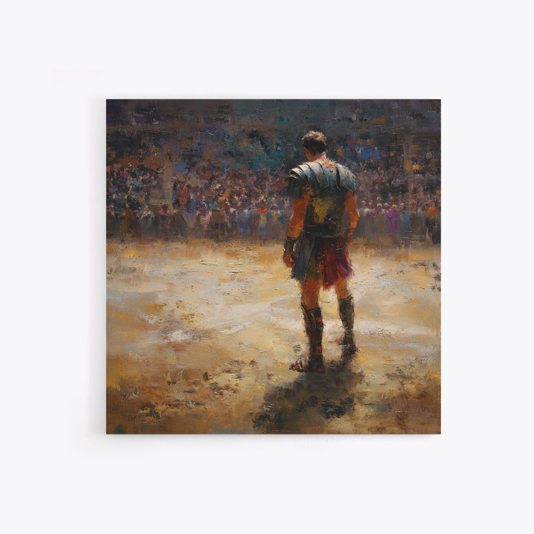 Lone Gladiator In Arena Spotlight Canvas Print, Roman Colosseum Wall Art, Historical Oil Painting, Masculine Office Decor