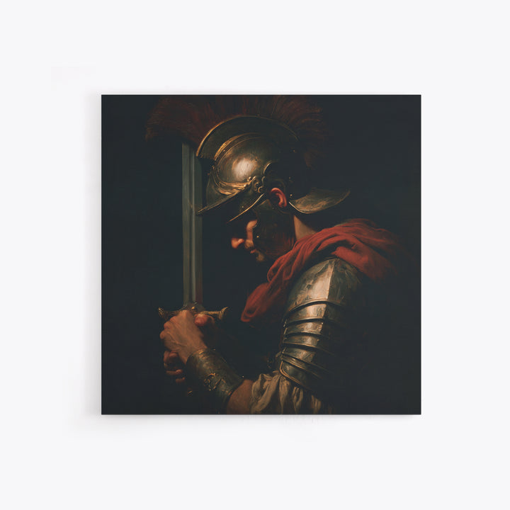 Roman Warrior With Sword And Bronze Helmet Framed Canvas Print, Dark Academia Wall Art, Mythological Art, Gift For Him, Decor