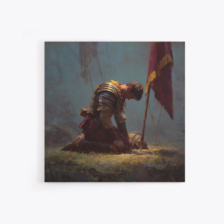 Kneeling Knight With Battle Standard Framed Canvas Print, Medieval Warrior Oil Painting, Dark Academia Wall Decor, Gift For Him