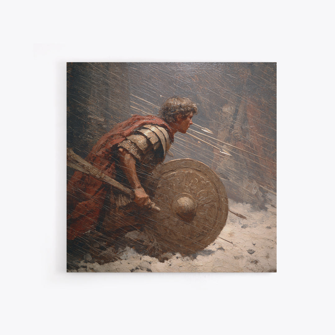 Roman Warrior Under Arrow Fire Wall Art, Snow Battle Shield Painting, Historical Canvas Print For Masculine Office Decor