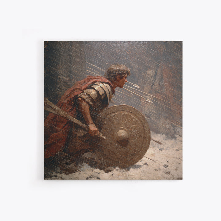 Roman Warrior Under Arrow Fire Wall Art, Snow Battle Shield Painting, Historical Canvas Print For Masculine Office Decor