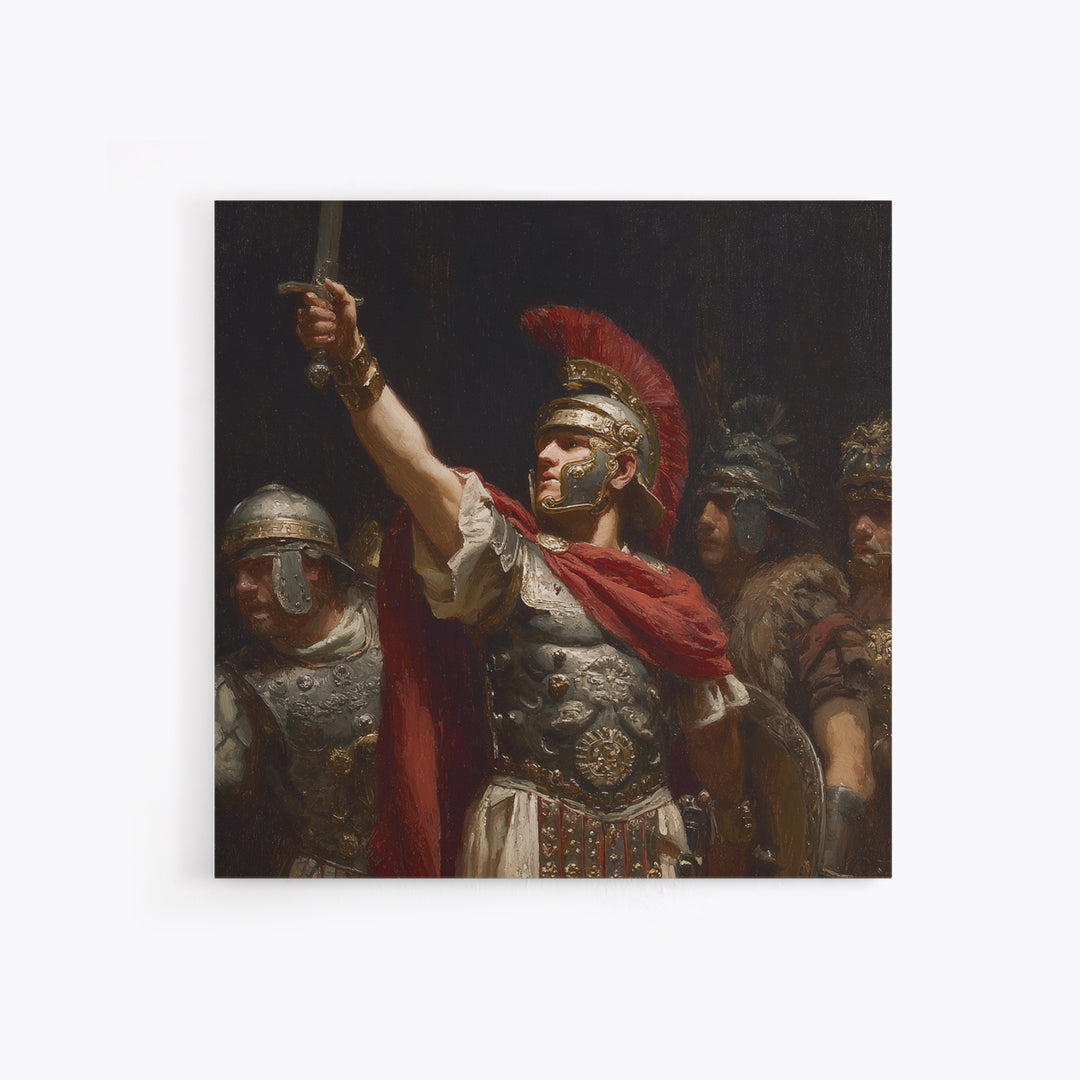 Roman Centurion Raising Sword Wall Art, Classical Warrior Oil Painting, Ancient Rome Decor, Historical Framed Canvas Print