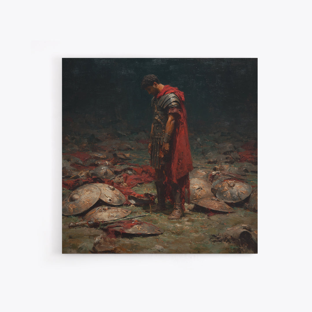 Defeated Roman Soldier Among Shields Framed Canvas Print, Somber Historical Oil Painting, Dark Academia Wall Art Decor Gift