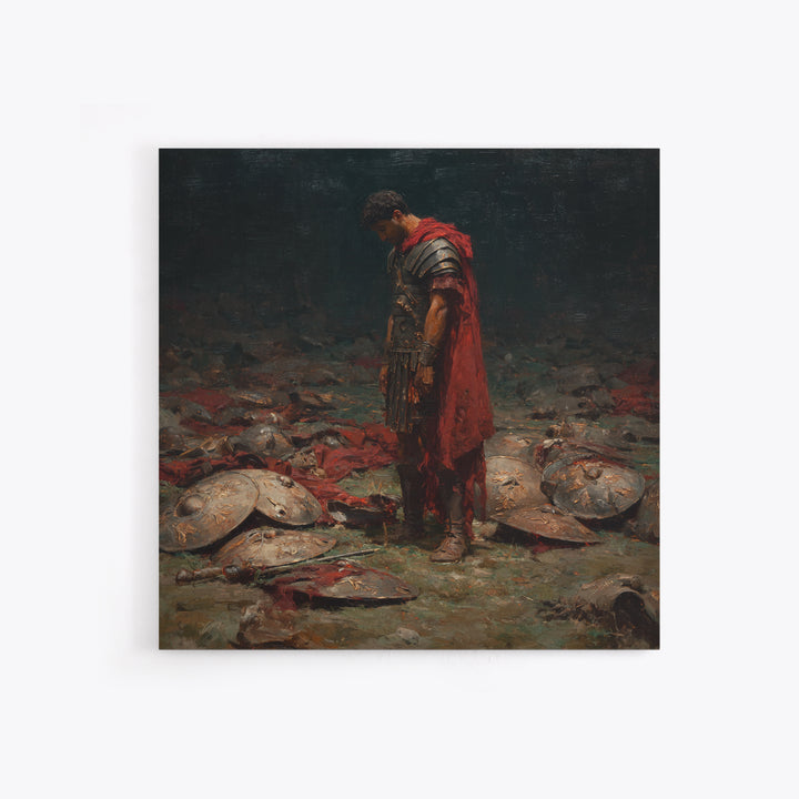 Defeated Roman Soldier Among Shields Framed Canvas Print, Somber Historical Oil Painting, Dark Academia Wall Art Decor Gift