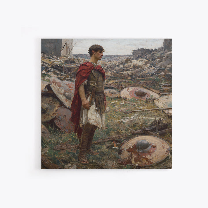 Roman Soldier Among Fallen Shields Wall Art, Ancient Warrior Oil Painting, Classical History Decor, Masculine Living Room Art