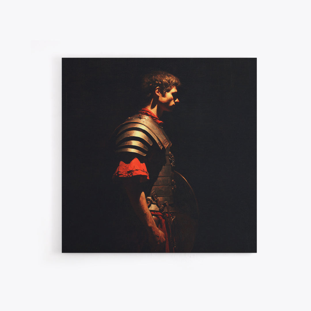 Roman Warrior In Shadow Wall Art, Dark Academia Soldier Portrait, Classical Armor Oil Painting For Masculine Office Decor