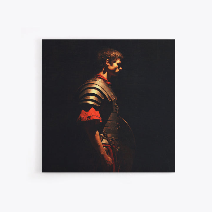Roman Warrior In Shadow Wall Art, Dark Academia Soldier Portrait, Classical Armor Oil Painting For Masculine Office Decor