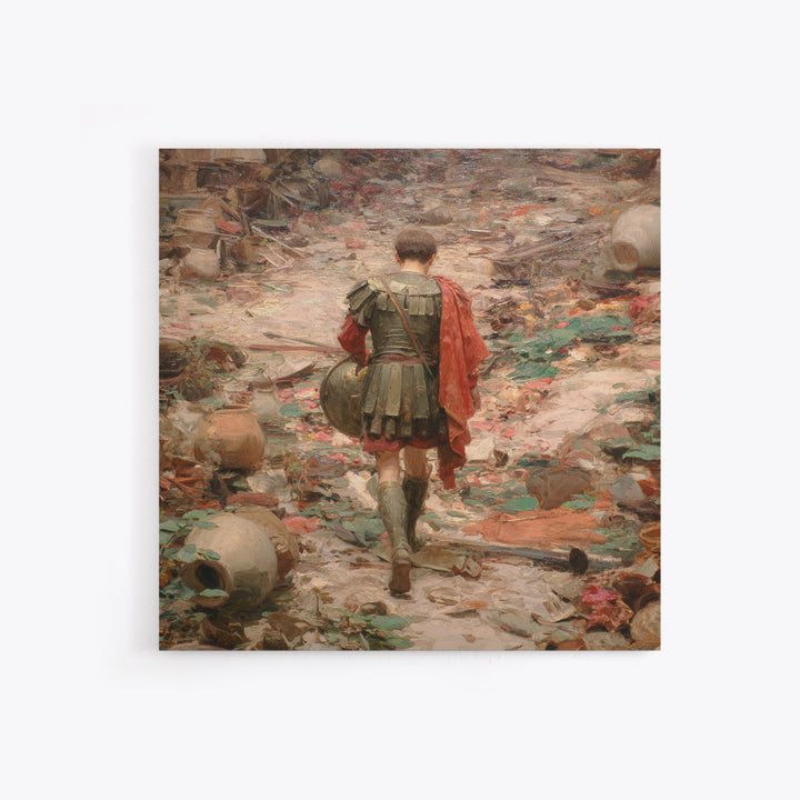 Roman Soldier In Ruined Battlefield Wall Art, Ancient Warrior Oil Painting, Classical History Decor, Dark Academia Gift Print