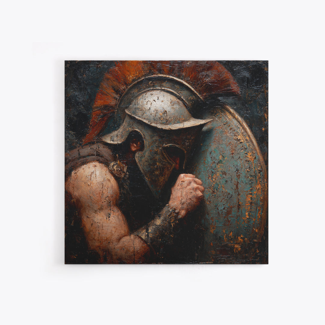 Dark Spartan Helmet And Shield Wall Art, Ancient Warrior Oil Painting, Greek Soldier Decor, Masculine Office, Gift For Him