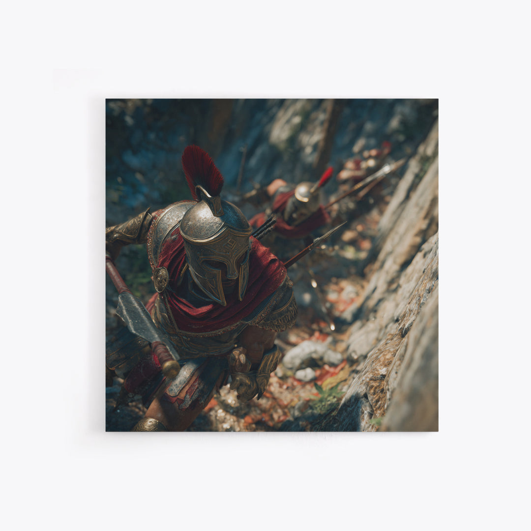 Spartan Warriors Climbing Rocky Pass Framed Canvas Print, Ancient Greek Wall Art, Roman Soldier Decor, History Gift, Fine Art