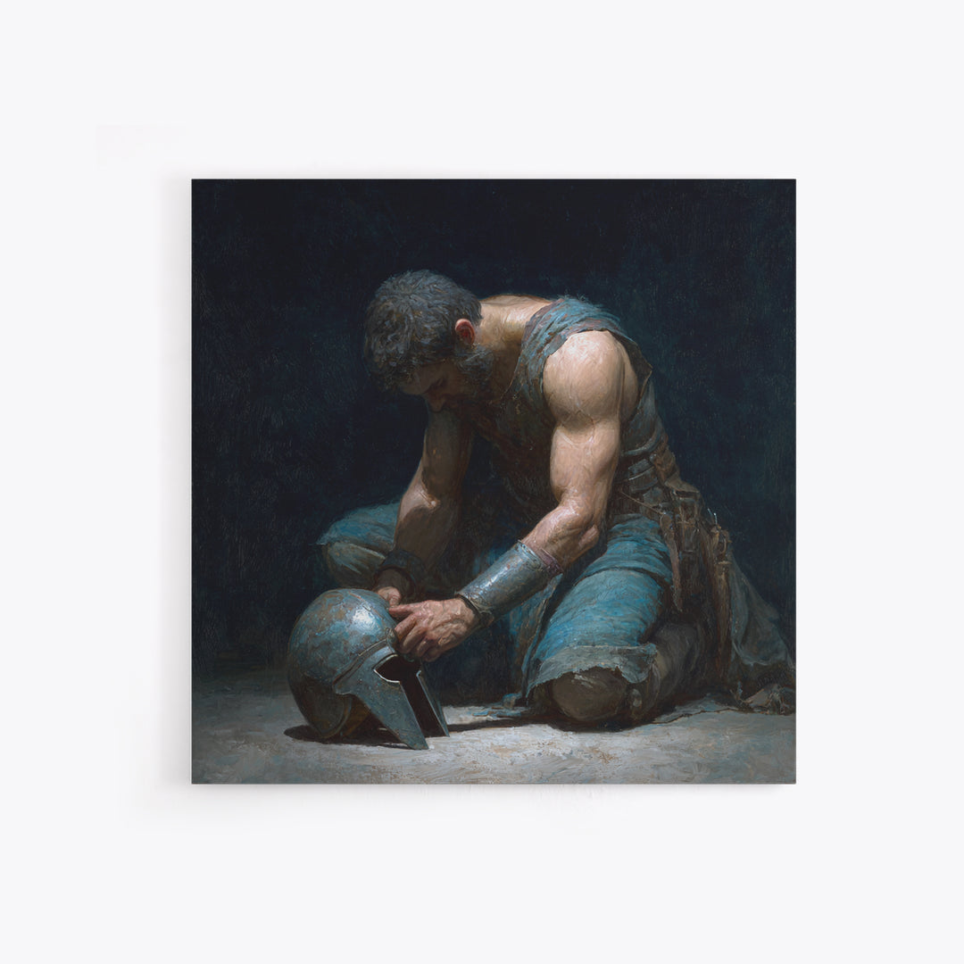Kneeling Gladiator Holding Helmet Framed Canvas Print, Roman Warrior Oil Painting, Dark Masculine Wall Art For Office Decor