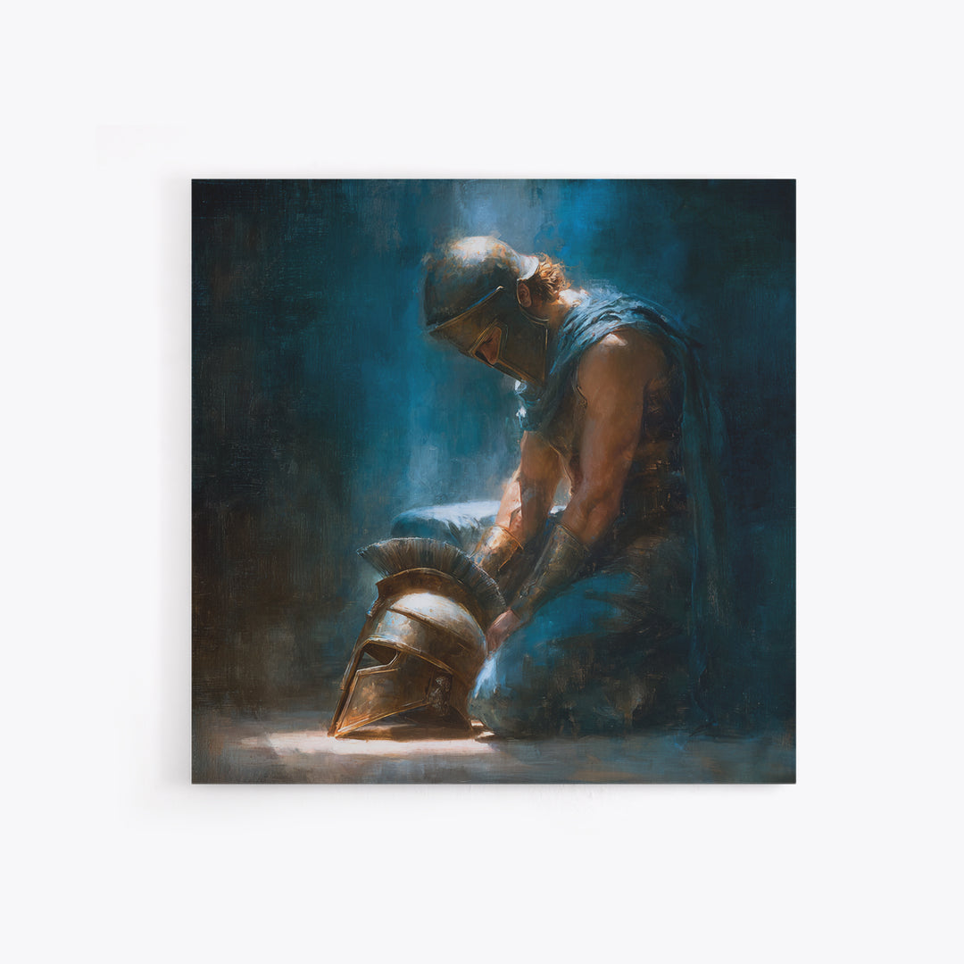 Kneeling Warrior With Bronze Helmet Framed Canvas Print, Dark Roman Oil Painting, Moody Masculine Office Wall Art Decor Gift