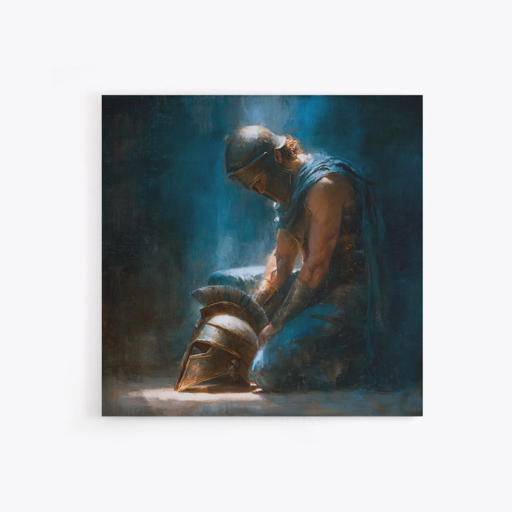 Kneeling Warrior With Bronze Helmet Framed Canvas Print, Dark Roman Oil Painting, Moody Masculine Office Wall Art Decor Gift