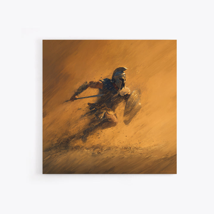 Spartan Warrior Charging Through Sandstorm Canvas Print, Greek Wall Art, Action Painting, Warm Orange Decor, Gift For Him