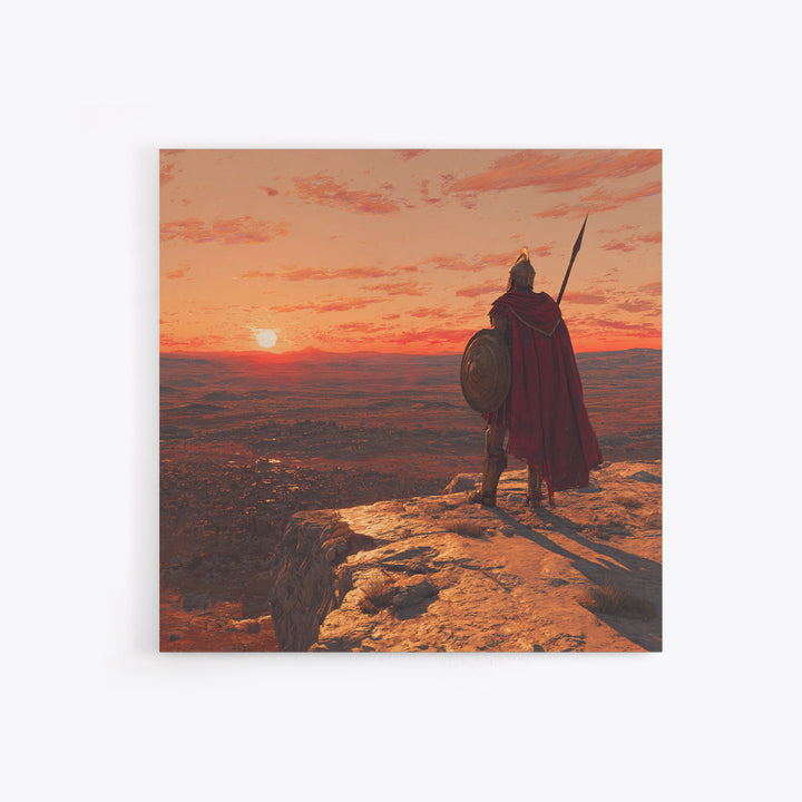 Ancient Warrior At Sunset Over Valley Canvas Print, Spartan Wall Art, Historical Landscape, Masculine Office Decor Gift Idea