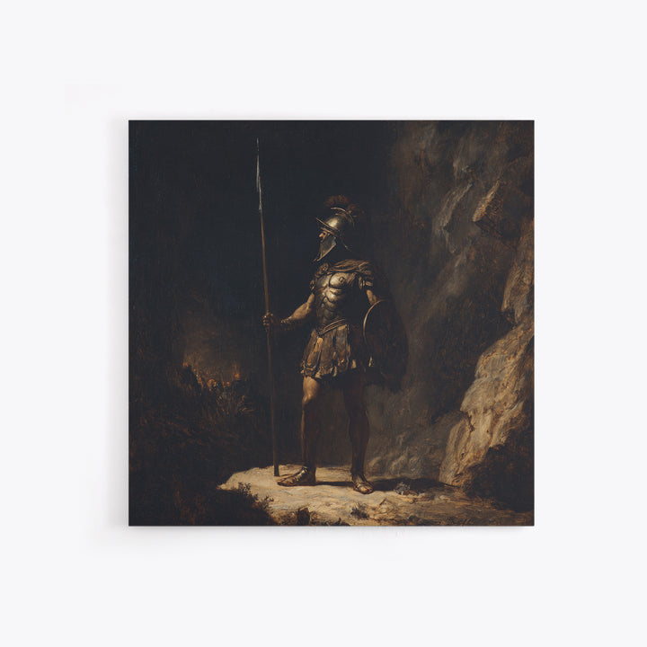 Ancient Spearman Guard In Dark Cave Canvas Print, Historical Classical Warrior Art, Moody Wall Decor, Masculine Office Decor
