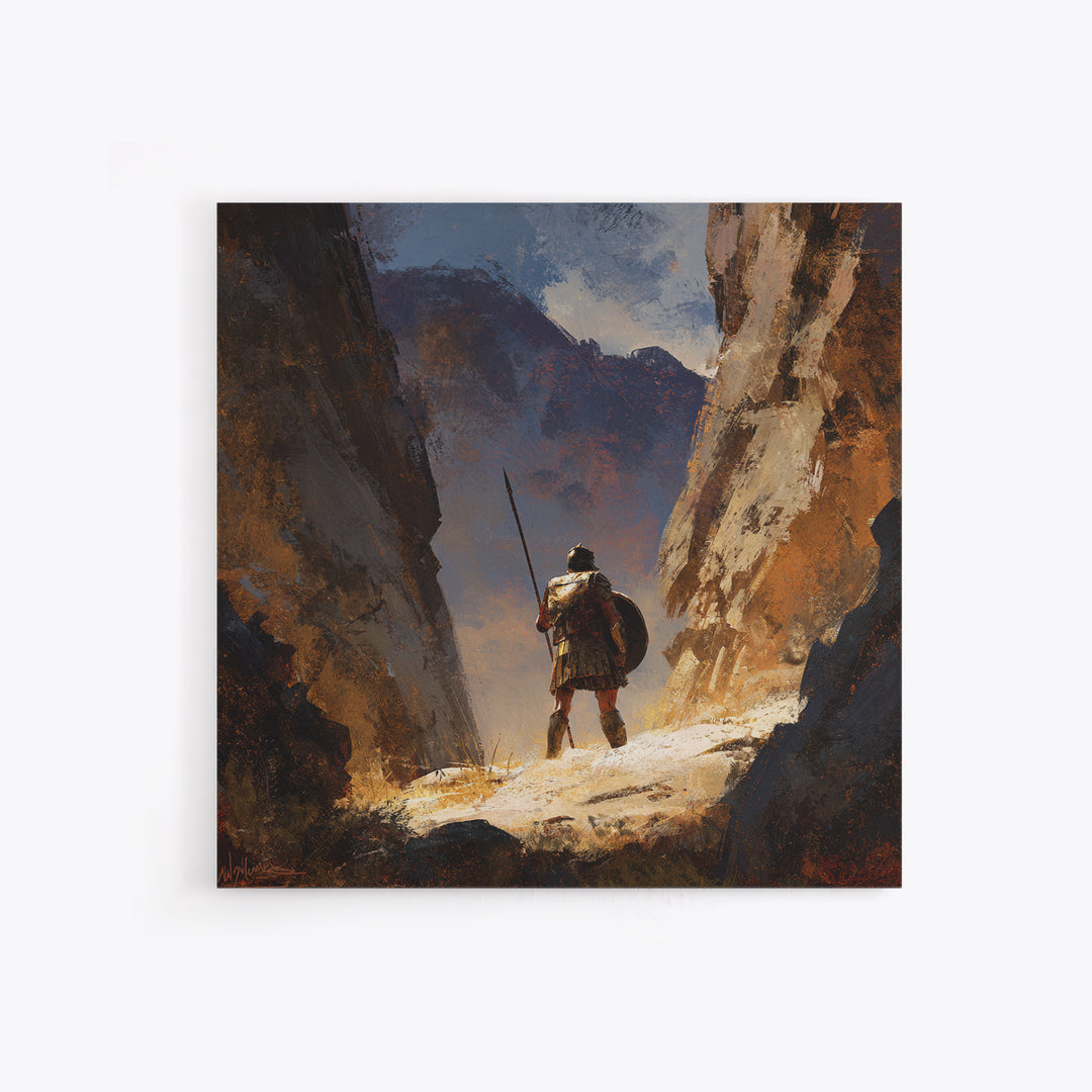 Solitary Spear Warrior In Sunlit Canyon Canvas Print, Ancient Greek Art, Southwestern Wall Art, Rustic Home Decor, Gift For Him
