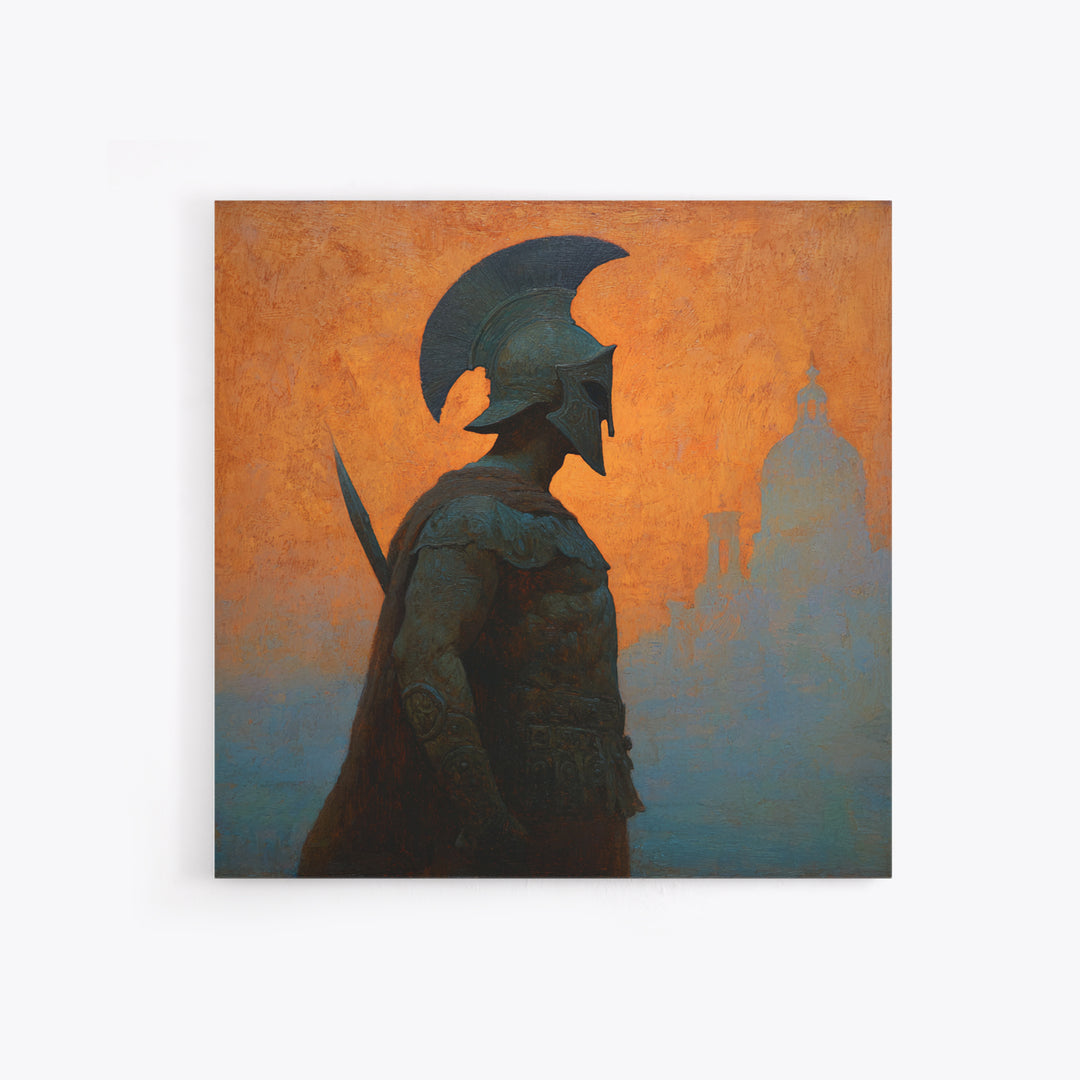 Spartan Warrior Silhouette Canvas Print, Orange Ancient Cityscape, Greek Mythology Wall Art, Classical History Home Decor