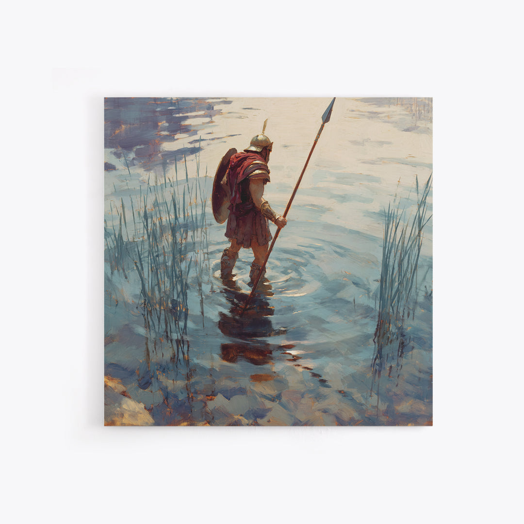 Solitary Warrior Wading Through Water Wall Art, Roman Spearman Landscape, Coastal Blue Canvas Print For Living Room Decor