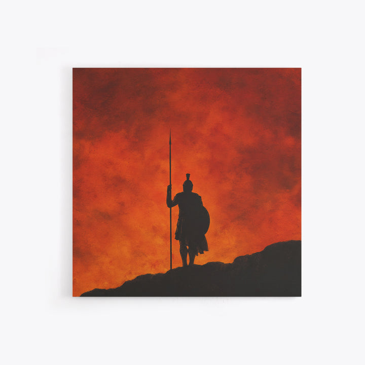 Spartan Silhouette With Spear At Red Sunset Framed Canvas Print, Greek Wall Art, Mythological Art, Dramatic Wall Decor, Gift For Him