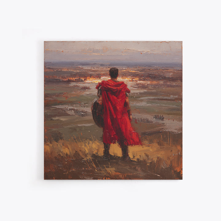 Roman Warrior In Red Cloak Wall Art, Epic Battlefield Oil Painting, Ancient History Decor, Masculine Office Art Print Gift