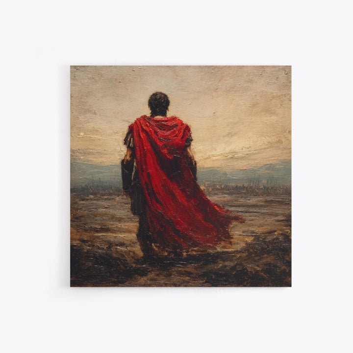 Red Cloaked Roman Warrior Framed Canvas Print, Ancient Battlefield Oil Painting, Classical Landscape Wall Art For Office
