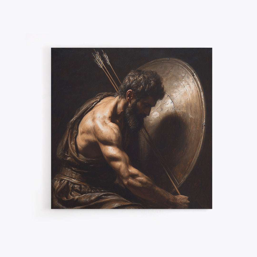 Bearded Warrior With Shield Wall Art, Classical Figurative Oil Painting, Dark Masculine Decor, Gift For Him, Office Decor