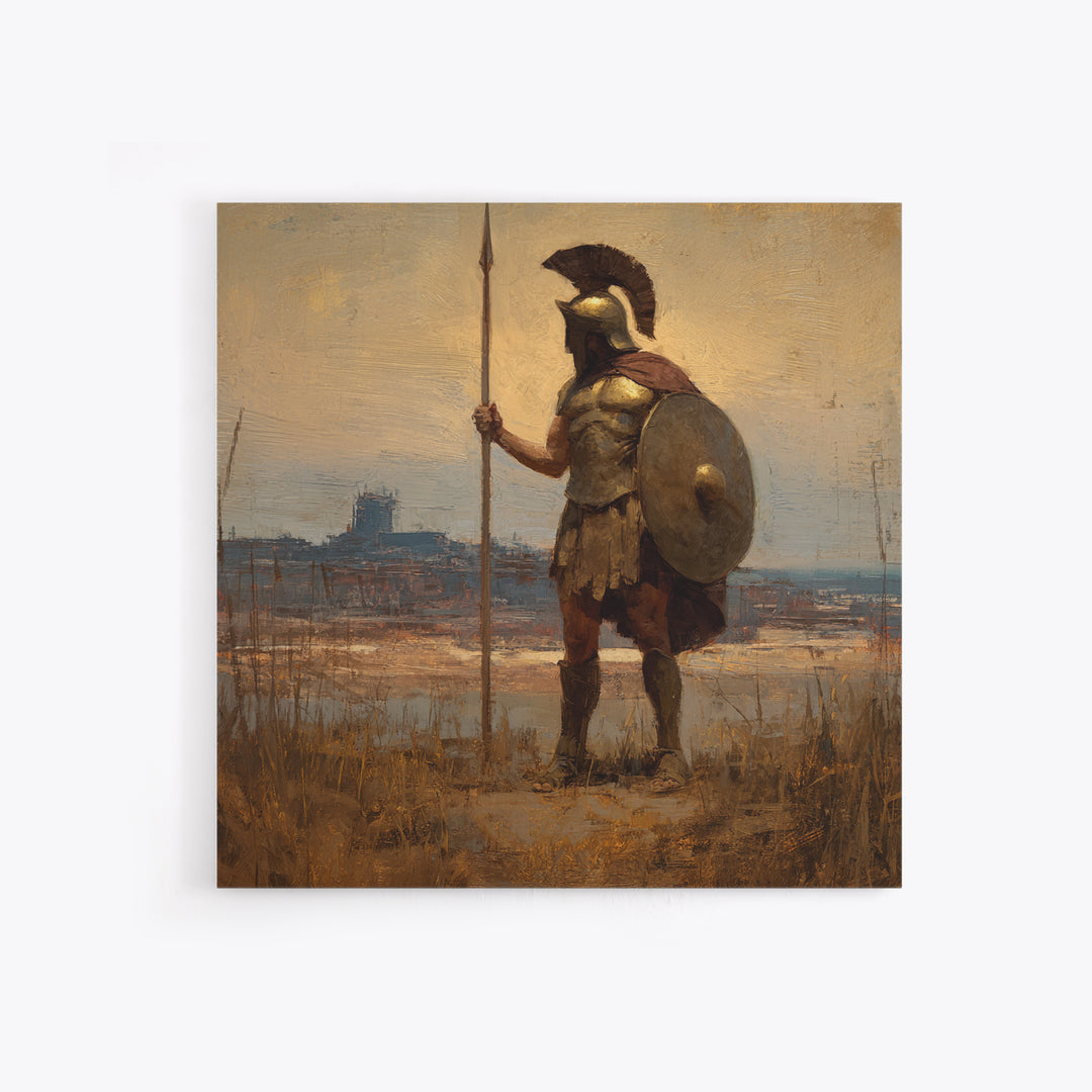 Spartan Guard With Spear And Shield Canvas Print, Greek Warrior Landscape, Ancient History Wall Decor, Masculine Office Art