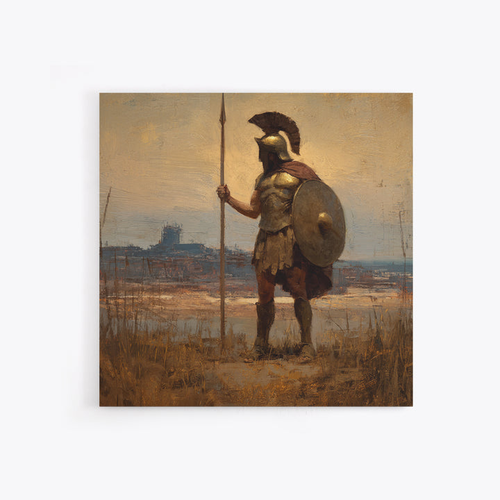 Spartan Guard With Spear And Shield Canvas Print, Greek Warrior Landscape, Ancient History Wall Decor, Masculine Office Art