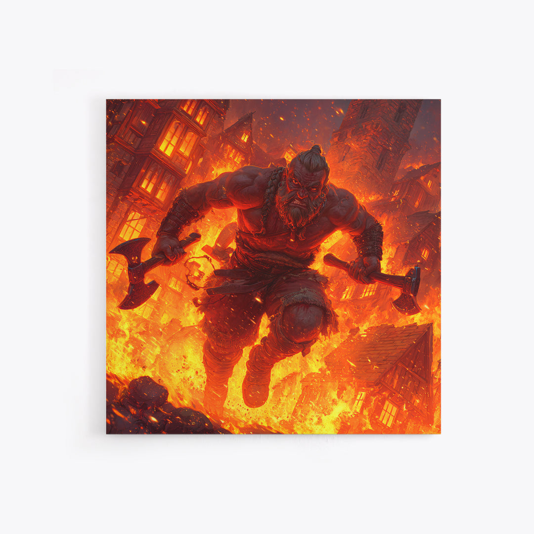 Fire Giant Berserker With Axes Wall Art, Dark Fantasy Canvas, Mythological Warrior Print, Gaming Room Decor, Gift For Him
