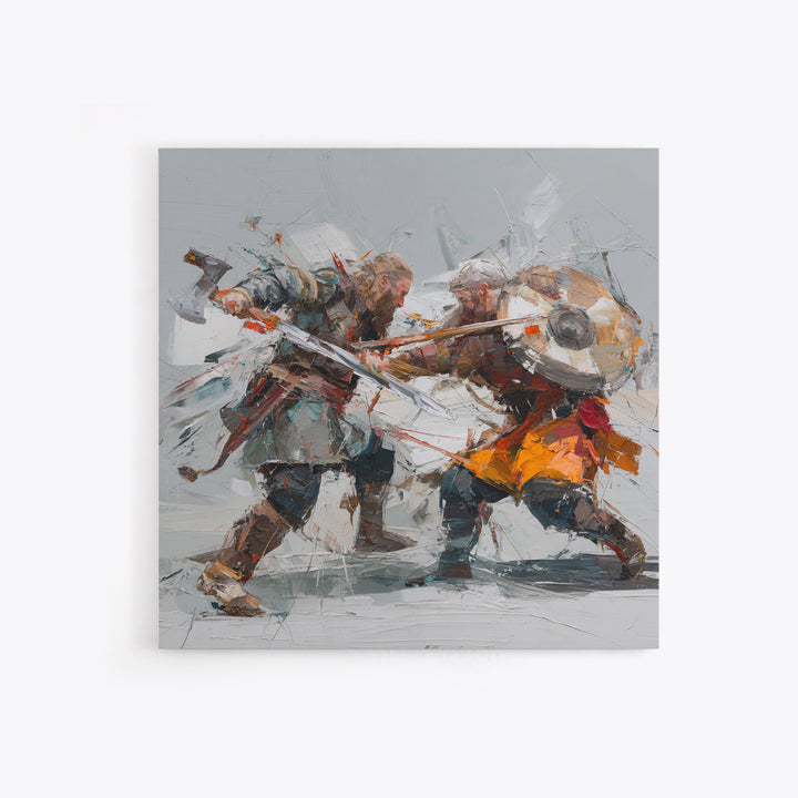 Viking Duel With Swords And Shields Canvas Print, Abstract Warrior Battle Painting, Dynamic Modern Wall Art For Game Room