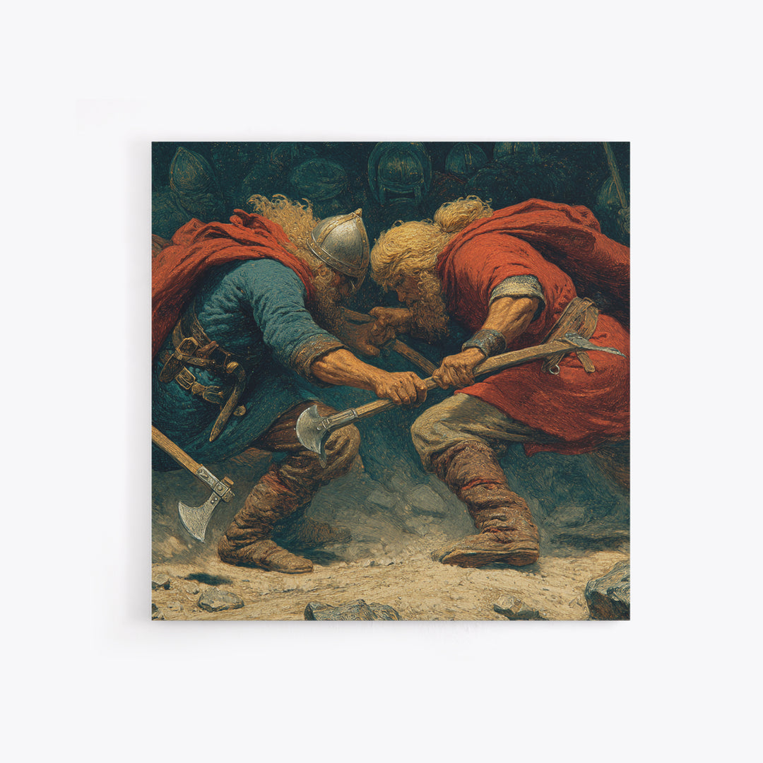 Clashing Viking Warriors With Axes Wall Art, Nordic Battle Painting, Historical Canvas Decor, Dramatic Masculine Office Art