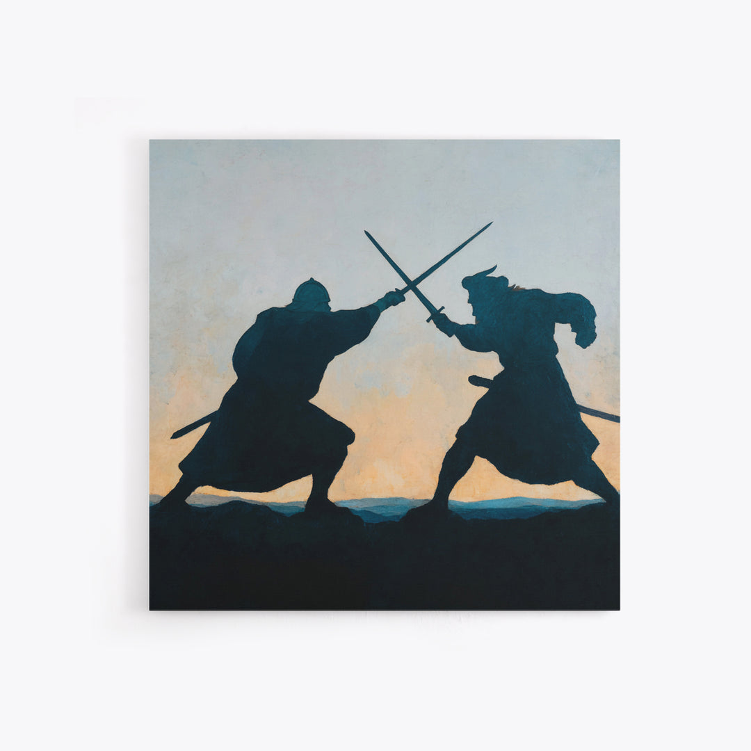 Silhouette Sword Duel At Sunset Canvas Print, Medieval Warrior Wall Decor, Viking Battle Art, Minimalist Masculine Gift For Him
