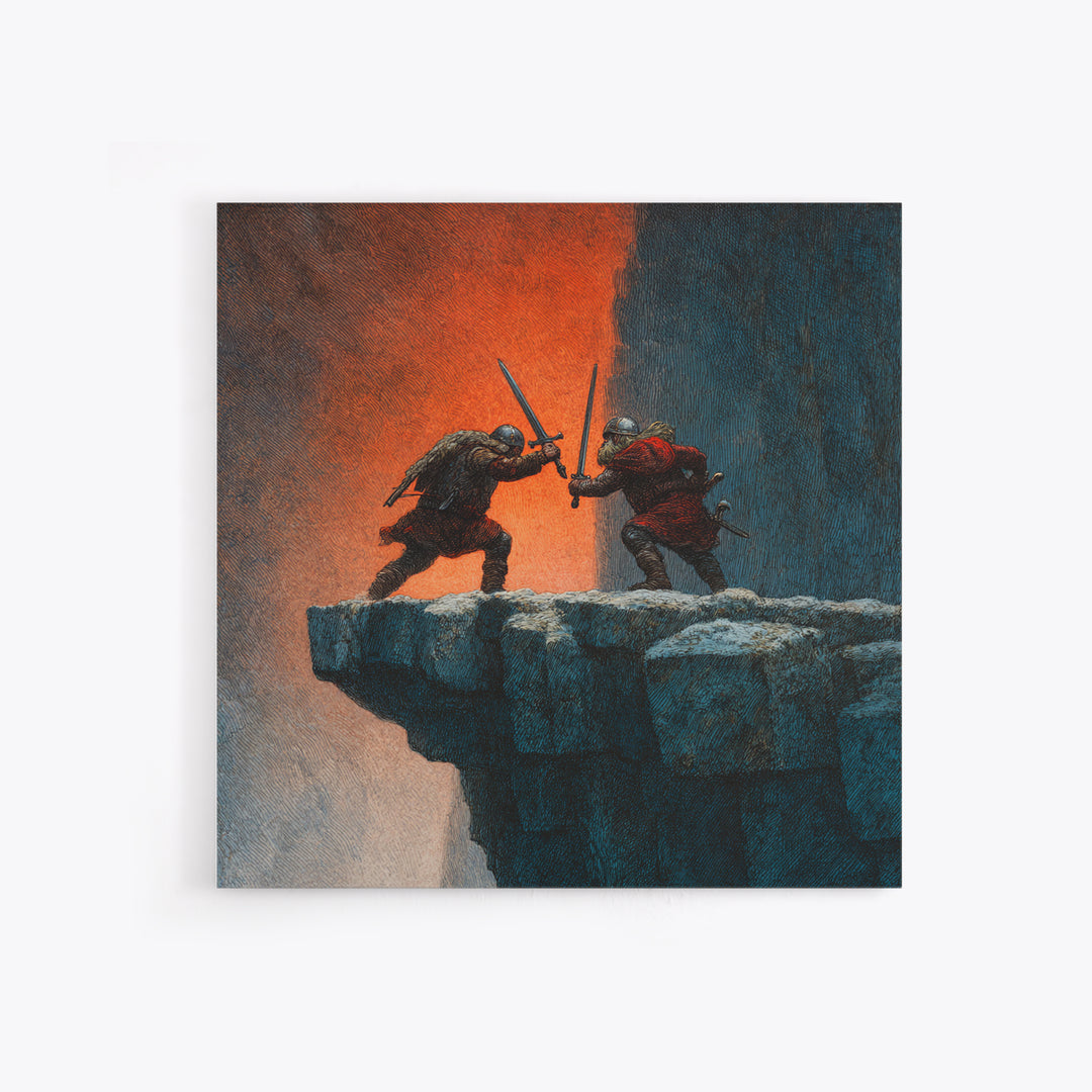 Cliffside Sword Duel Wall Art, Medieval Warriors Battle At Sunset, Dark Fantasy Canvas Print For Game Room And Office Decor