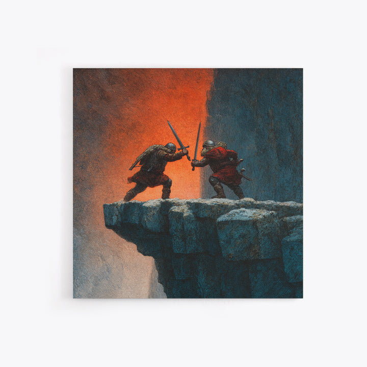 Cliffside Sword Duel Wall Art, Medieval Warriors Battle At Sunset, Dark Fantasy Canvas Print For Game Room And Office Decor