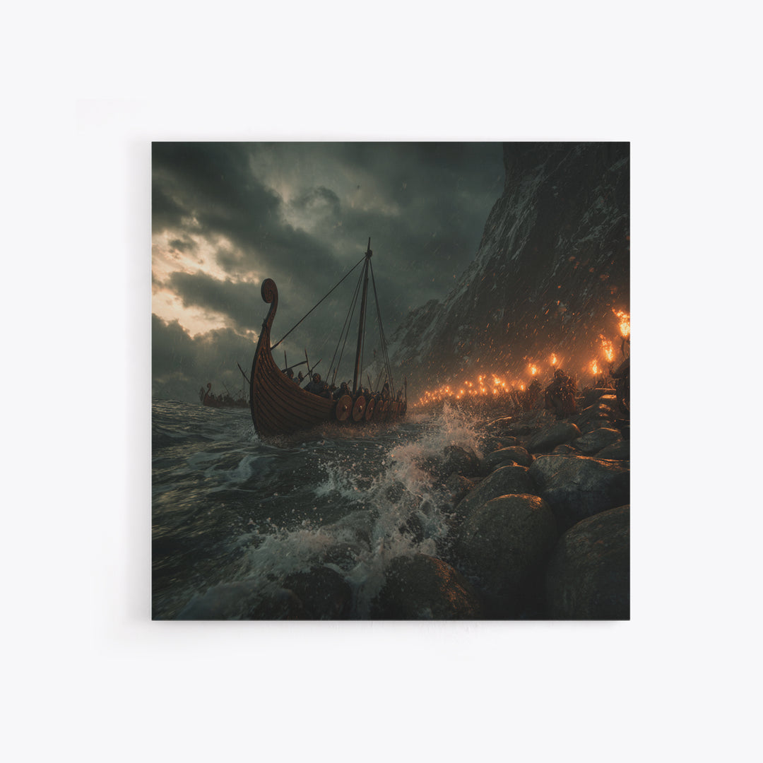 Viking Longship Stormy Shore Framed Canvas Print, Norse Seascape, Dark Fantasy Wall Decor, Masculine Office Art, Viking Wall Art