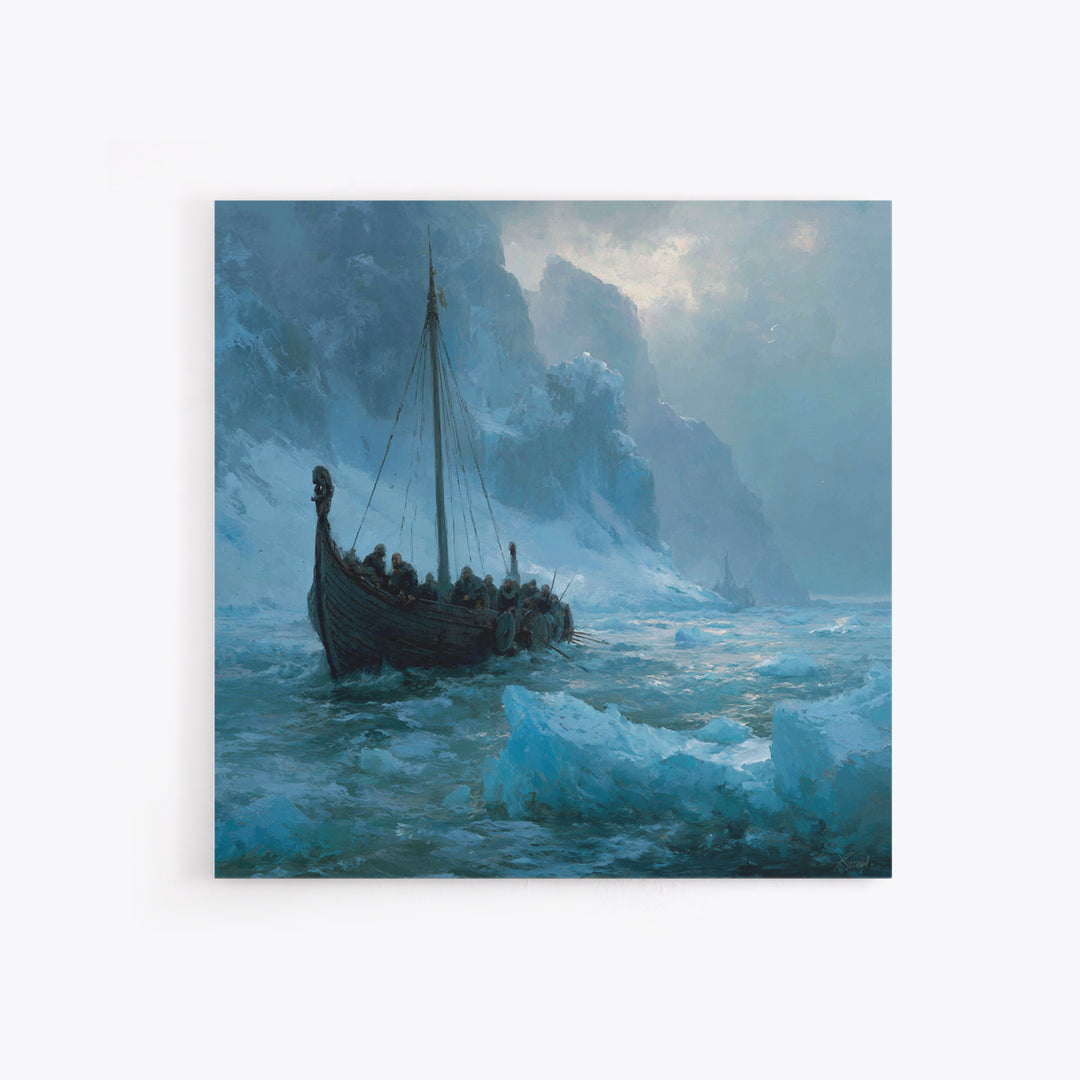 Viking Longship In Icy Fjord, Arctic Seascape Wall Art, Norse Landscape Canvas Print, Coastal Winter Decor, Gift For Him