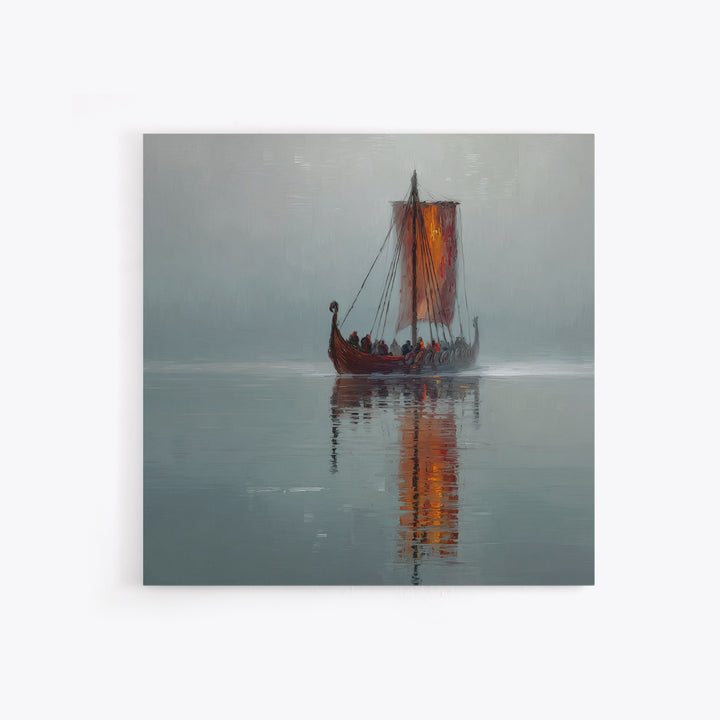Misty Viking Longship With Red Sail Canvas Print, Nordic Seascape Oil Painting, Nautical Wall Decor, Scandinavian Art, Home Decor