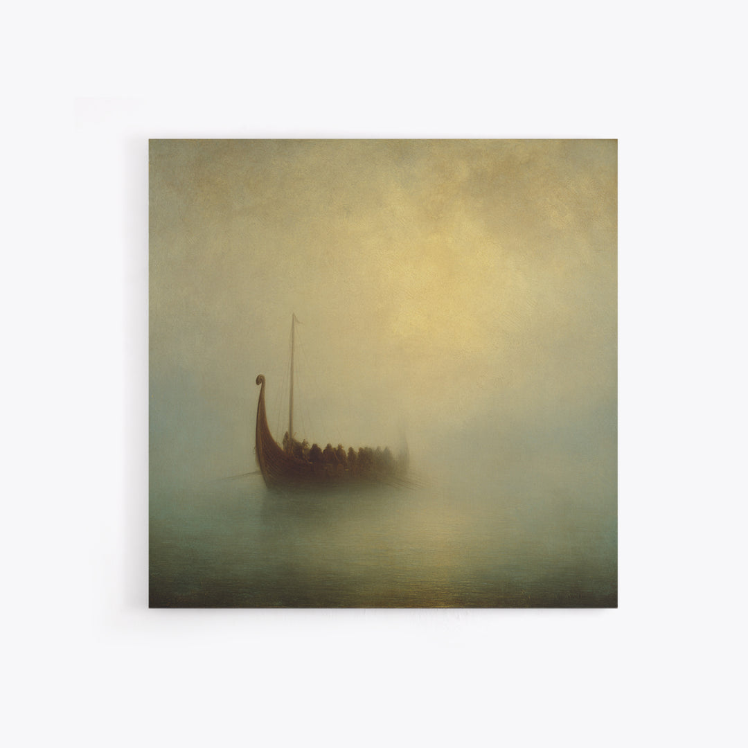 Foggy Viking Longship On Quiet Sea Canvas Print, Nautical Wall Art, Seascape Art, Nordic Art Print, Coastal Home Decor, Wall Decor