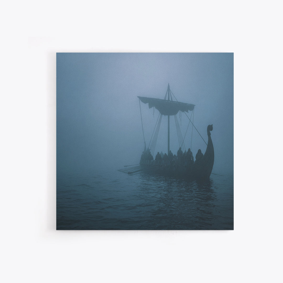 Foggy Viking Longship Wall Art, Nautical Fantasy Canvas Print, Moody Seascape, Nordic Decor, Rustic Coastal Gift For Him