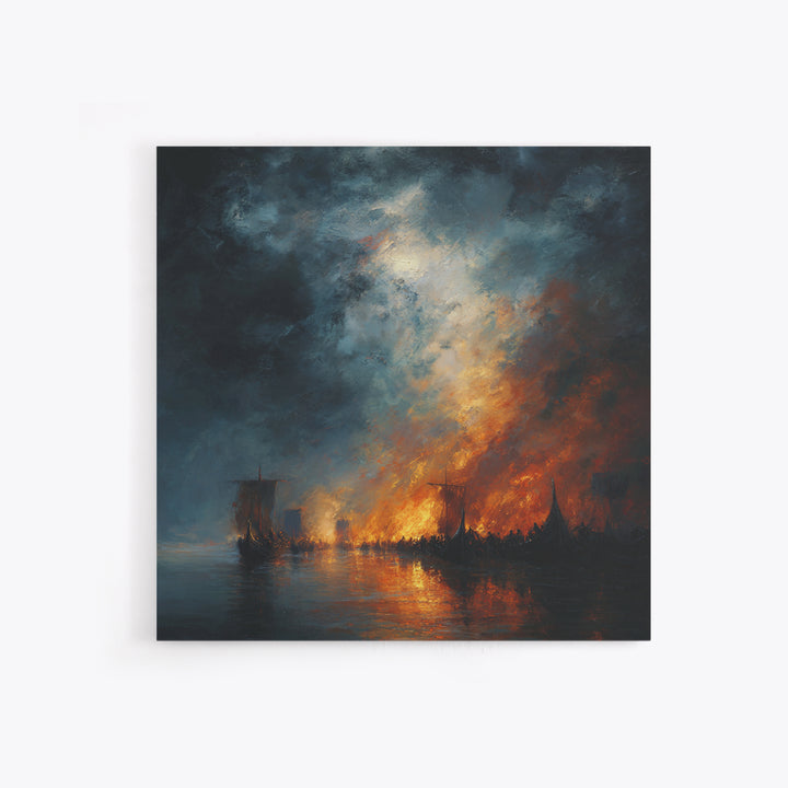 Burning Harbor Ships At Night Wall Art, Moody Seascape Painting, Dramatic Ocean Canvas Art, Dark Coastal Living Room Decor