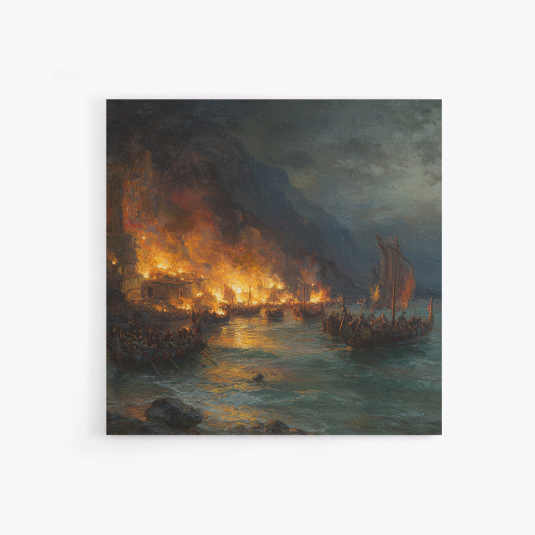 Burning Harbor With Viking Longships Framed Canvas Print, Seascape Art, Historical Wall Art, Dark Nautical Decor, Man Cave Decor