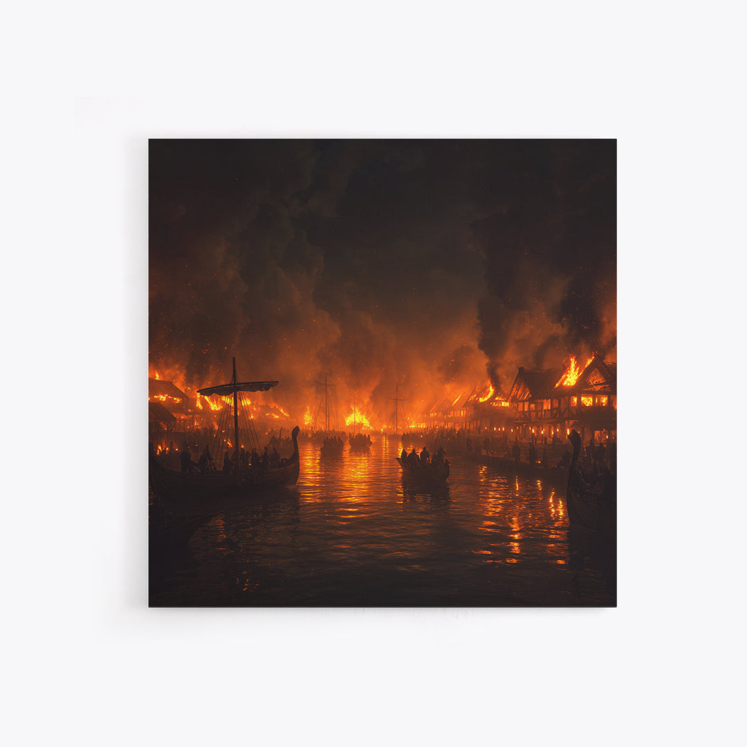 Burning Medieval Harbor And Viking Ships Wall Art, Dark Fantasy Fire Painting, Dramatic Historical Canvas Home Decor, Luxury Wall Decor