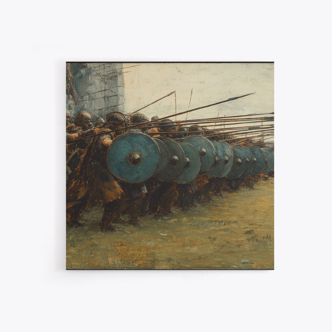 Ancient Shield Wall Soldiers Canvas Print, Greek Battle Formation Oil Painting, Masculine Wall Art For Office Decor Gift