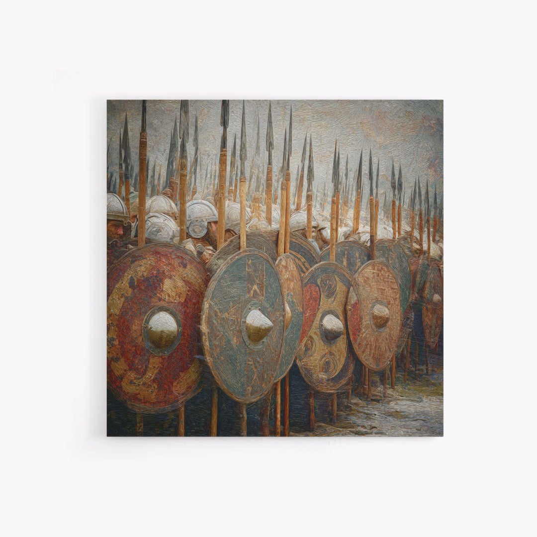 Ancient Shield Wall With Spears Canvas Print, Greek Hoplite Army Wall Art, Historical Battle Decor, Textured Oil Painting