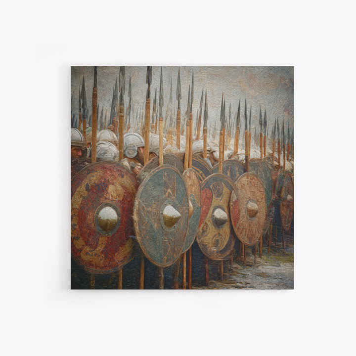 Ancient Shield Wall With Spears Canvas Print, Greek Hoplite Army Wall Art, Historical Battle Decor, Textured Oil Painting
